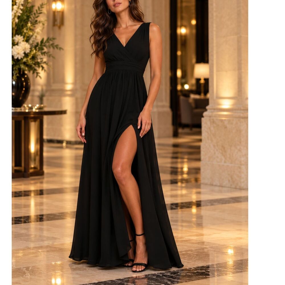 Lulus Thoughts of Hue Black Surplice Maxi Dress Small Romantic Formal Gown